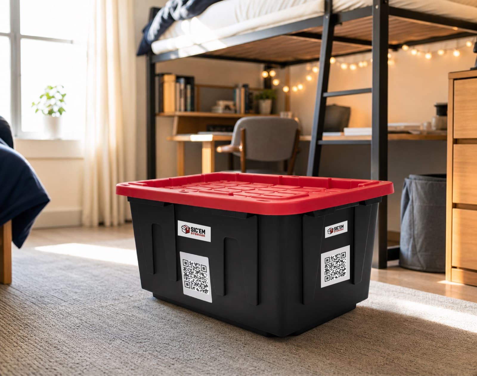 Sic'em Storage Valet Closet bin — black 27-gallon bin with a red snap lid and QR tracking labels, in a dorm room