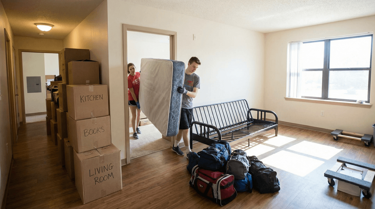 Students packing up apartment with labeled boxes