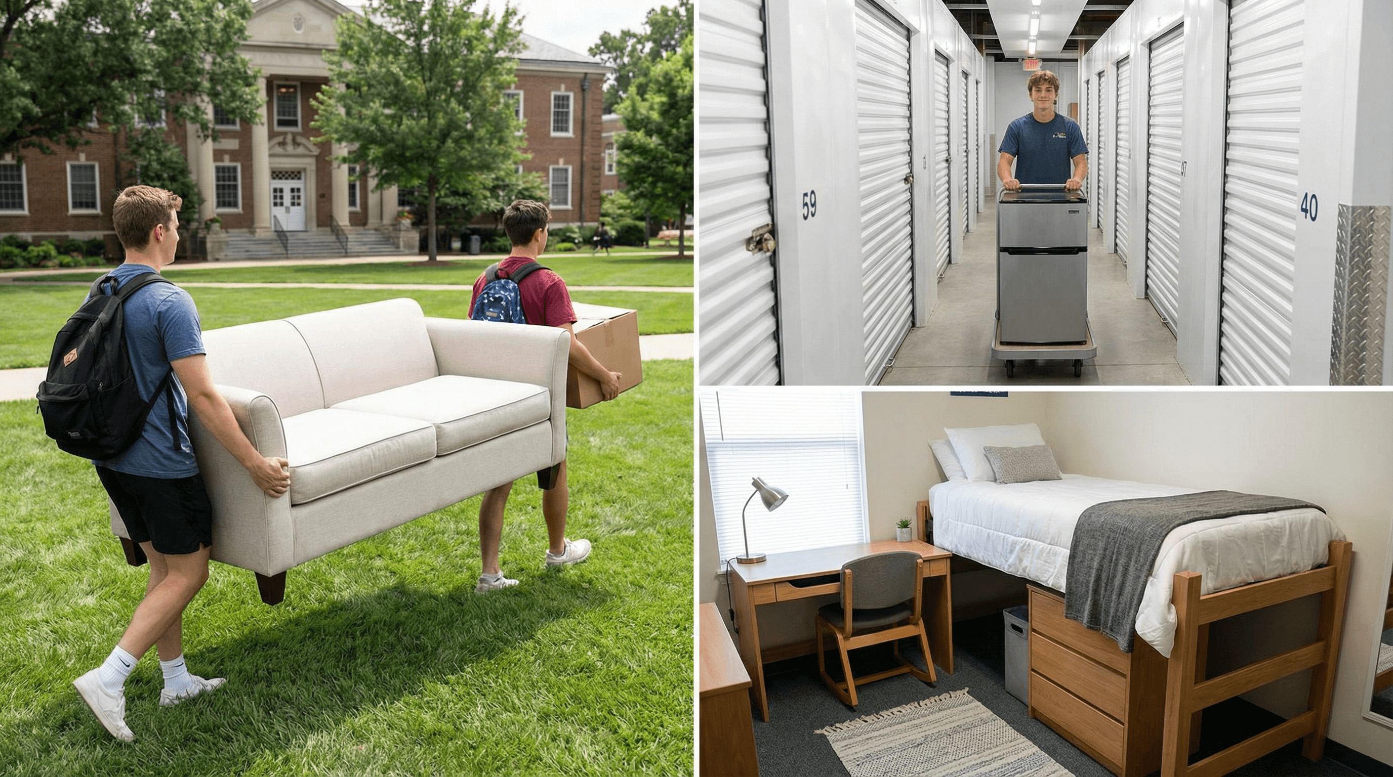 Students moving furniture, climate-controlled storage, and dorm room setup
