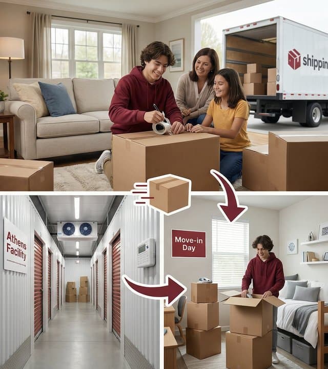 Ship & Store process — pack at home, ship to Athens, delivered on move-in day